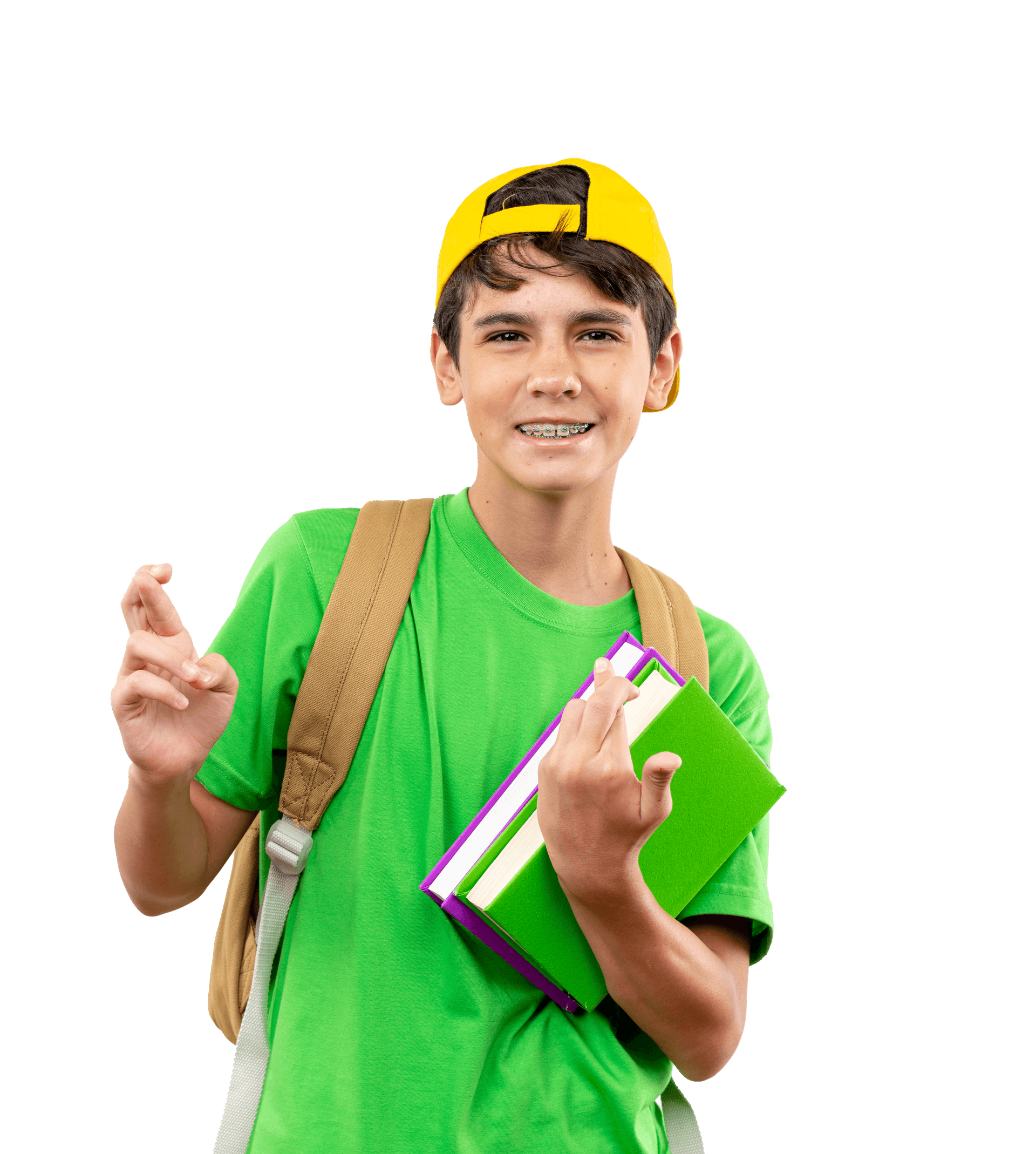 Student with books and crossed fingers